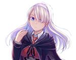  bangs black_cape black_jacket blonde_hair blue_eyes cape closed_mouth expressionless hair_ornament_removed hair_over_one_eye hairband hand_up highres holding jacket lexington_(cv-16)_(zhan_jian_shao_nyu) long_hair looking_at_viewer necktie red_neckwear shirt solo swept_bangs ululan underbust upper_body white_background white_shirt zhan_jian_shao_nyu 