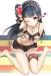  ;) barefoot bikini bikini_skirt black_bikini black_bow black_hairband blue_hair blush bow breasts cleavage closed_mouth collarbone commentary_request floral_print flower frilled_bow frilled_hairband frilled_skirt frills from_above hair_bow hair_bun hair_flower hair_ornament hairband horizontal_stripes jewelry large_breasts leg_garter long_hair looking_at_viewer love_live! love_live!_sunshine!! multicolored multicolored_background navel necklace one_eye_closed pendant purple_eyes rose_print sakasa_(guranyto) scrunchie side_bun sitting skirt smile solo stomach striped striped_bow swimsuit tsushima_yoshiko v v_over_eye wariza wrist_scrunchie 