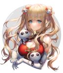  1girl bangs blue_eyes blunt_bangs blush bow breasts china_dress chinese_clothes cleavage cleavage_cutout closed_mouth dress earrings elbow_gloves eyebrows_visible_through_hair gloves hair_bow hair_ornament holding jewelry large_breasts long_hair look looking_at_viewer original panda panda_hair_ornament red_bow red_dress senchat solo sweatdrop twintails twitter_username upper_body white_gloves 