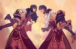  2girls bloodnspice blue_eyes blue_hair blush cape carrying dual_persona falchion_(fire_emblem) father_and_daughter female_my_unit_(fire_emblem:_kakusei) fingerless_gloves fire_emblem fire_emblem:_kakusei gloves highres krom long_hair lucina male_my_unit_(fire_emblem:_kakusei) multiple_boys multiple_girls my_unit_(fire_emblem:_kakusei) open_mouth short_hair smile tiara twintails 