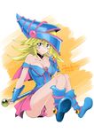  absurdres artist_name bare_shoulders blonde_hair blue_footwear blush blush_stickers boots breasts choker cleavage dark_magician_girl dated duel_monster green_eyes hair_between_eyes hand_on_own_face hat highres j@ck large_breasts long_hair miniskirt pentacle pleated_skirt skirt smile solo staff wizard_hat yuu-gi-ou yuu-gi-ou_duel_monsters 