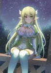  breasts cleavage cleavage_cutout cross-laced_clothes elf elsword eyebrows_visible_through_hair gloves grand_archer_(elsword) green_eyes hair_ornament large_breasts long_hair night night_sky octoman outdoors pointy_ears rena_(elsword) sitting skirt sky smile star star_(sky) thighhighs tree white_legwear 