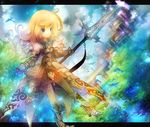  armor bird blonde_hair blue_eyes colorful commentary curly_hair gauntlets light_particles long_hair original pantyhose polearm sei_mutsuki shoulder_pads solo spear weapon 