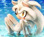  all_fours black_nose chest_tuft dragonichigo fur hair hedgehog mammal nude partially_submerged pose shiny silver_the_hedgehog smile sonic_(series) tuft water wet white_fur white_hair yellow_eyes 
