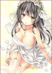  bangs black_hair blush breasts bridal_veil cleavage collarbone colored_pencil_(medium) commentary_request dress eyebrows_visible_through_hair garter_straps green_eyes large_breasts long_hair looking_at_viewer marker_(medium) open_mouth original potto sample sitting smile solo thighhighs thighs traditional_media veil wedding_dress white_legwear 
