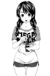  :o alternate_breast_size bottle braid breasts casual clothes_writing greyscale gym_shorts hair_ornament hairclip looking_at_viewer medium_breasts mega_milk meme_attire monochrome open_mouth raglan_sleeves shirt shokugeki_no_souma short_shorts short_sleeves shorts solo sweatdrop t-shirt tadokoro_megumi transparent_background twin_braids water_bottle 