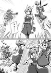  0_0 3girls :3 animal_ears belt bow bracelet buck_teeth bunny_ears comic dango dress emphasis_lines flat_cap floppy_ears food grabbing grass greyscale hair_bow hair_ribbon hat jewelry long_hair mallet monochrome motion_lines multiple_girls open_mouth ponytail puffy_short_sleeves puffy_sleeves ribbon ringo_(touhou) seiran_(touhou) short_hair short_sleeves sweat temu throwing touhou translated wagashi watatsuki_no_yorihime 