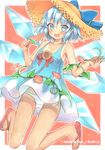  :d adapted_costume bare_arms blue_bow blue_dress blue_eyes blue_hair blue_wings blush bow cirno dress fang flip-flops flower food full_body hat hat_bow holding ice ice_wings looking_at_viewer marker_(medium) morning_glory mugicha_(mugicha0929) one-piece_tan open_mouth outline outside_border panties pantyshot popsicle red_background sandals short_dress smile solo straw_hat sun_hat sunflower tan tanline tanned_cirno touhou traditional_media twitter_username underwear watermelon_bar white_panties wings 