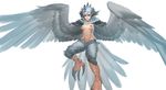  abs absurdres animal_ears barefoot bird_ears bird_legs bird_tail bird_wings blue_hair breasts brown_eyes claws feathered_wings feathers flying frown harpy highres less looking_at_viewer medium_breasts monster_girl navel nipples nude short_hair simple_background solo spread_wings white_background wings 