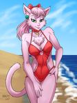  2017 beach bow breasts cat chest_tuft cleavage clothed clothing collar ear_piercing feline fur green_eyes hair heresy_(artist) inner_ear_fluff mammal meeya monokini outside piercing pink_fur pink_hair ponytail ribbons rpg_densetsu_hepoi sea seaside swimsuit tuft water 