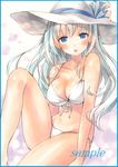  bangs bikini blue_eyes blue_hair blush breasts cleavage collarbone colored_pencil_(medium) commentary_request eyebrows_visible_through_hair front-tie_bikini front-tie_top hat knee_up large_breasts long_hair looking_at_viewer marker_(medium) open_mouth original parted_lips potto sample sitting smile solo sun_hat swimsuit teeth thighs traditional_media white_bikini 