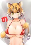  &gt;:) 8000 animal_ears bangs bare_shoulders bikini blonde_hair breasts cleavage closed_mouth collarbone commentary_request covered_nipples elbow_gloves gloves gradient_hair groin japari_symbol kemono_friends large_breasts looking_at_viewer micro_bikini multicolored_hair navel paw_pose red_bikini silver_hair smile solo stomach swimsuit tail tiger_(kemono_friends) tiger_ears tiger_tail tsurime twitter_username underboob upper_body v-shaped_eyebrows yellow_eyes 