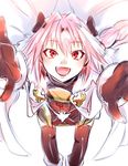 \o/ arms_up astolfo_(fate) black_legwear blush braid cape fang fate/apocrypha fate/grand_order fate_(series) hair_ribbon hikizan long_hair looking_at_viewer male_focus open_mouth otoko_no_ko outstretched_arms pink_hair red_eyes ribbon single_braid smile solo thighhighs 