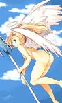  2017 angel angel_wings artist_name ass back barefoot blonde_hair blue_eyes blue_sky breasts cloud cloudy_sky dated day feathered_wings from_behind halo holding holding_staff kitaro2000 long_hair looking_at_viewer looking_back medium_breasts mercy_(overwatch) midair nude outdoors overwatch parted_lips pointy_ears profile signature sky solo spread_wings staff white_wings wings 