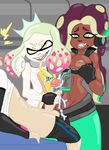  2girls b0nf1r3 bosomancer breasts breasts_out cum dark_skin fingerless_gloves green_eyes handjob hime_(splatoon) iida_(splatoon) inkling inverted_nipples multiple_girls penis rickeyhentai splatoon tentacle_hair yellow_eyes ymmot392 