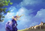  armor bird blonde_hair blue_eyes blue_sky cloud day fantasy gauntlets helmet highres horse horseback_riding knight long_hair looking_to_the_side original outdoors reins riding saddle silversnow sky solo tree 