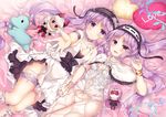  asterios_(fate/grand_order) bangs bare_shoulders bed bed_sheet black_ribbon blush breasts character_doll euryale eyebrows_visible_through_hair fate/grand_order fate/hollow_ataraxia fate_(series) feet_out_of_frame frills hairband heart heart_pillow interlocked_fingers jewelry legband lolita_hairband long_hair looking_at_viewer lying medium_breasts multiple_girls on_back on_bed open_mouth outstretched_arm pillow purple_eyes purple_hair ribbon rider ring smile stheno stuffed_toy suzune_rena take_your_pick twintails wristband 