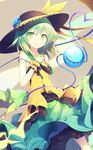  black_hat blue_flower blue_rose bow commentary_request dress flower green_dress green_eyes green_hair hat hat_bow hat_flower heart heart_of_string ichiyan komeiji_koishi looking_at_viewer rose sleeveless smile solo strap_slip third_eye touhou yellow_bow 