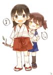  2girls akagi_(kantai_collection) artist_name bandaid bandaid_on_nose black_eyes black_hair black_legwear blue_hakama blush branch brown_eyes brown_hair closed_eyes commentary eighth_note eyebrows_visible_through_hair full_body hair_between_eyes hair_tie hakama hakama_skirt holding_branch ina_(1813576) japanese_clothes kaga_(kantai_collection) kantai_collection kimono leaf long_hair multiple_girls musical_note open_mouth red_hakama sandals side_ponytail simple_background smile speech_bubble spoken_ellipsis spoken_musical_note straight_hair tasuki thighhighs tree_branch white_background white_kimono white_legwear younger 