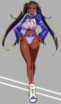  1girl arjuna_(fate/grand_order) black_eyes black_hair breasts dark_skin fate/grand_order fate_(series) full_body genderswap genderswap_(mtf) groin hands_on_hips highres hood hoodie kbtmsboy large_breasts long_hair looking_at_viewer midriff navel navel_piercing parted_lips piercing shoes smile solo standing twintails 