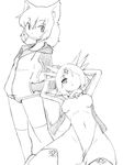  2girls alternate_costume animal_ears camel_(dansen) cameltoe female hands_in_pockets hoodie leotard milia monochrome multiple_girls sachiho smile tail 