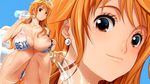  bangle bikini bottle bracelet breasts brown_eyes closed_mouth clothes_writing earrings highres huge_breasts janong jewelry long_hair nami_(one_piece) nipples one_piece one_piece_film_gold orange_hair partially_visible_vulva see-through solo swimsuit water_bottle zoom_layer 