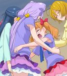  ahoge aisaki_emiru blonde_hair blue_hair blush bow brown_hair closed_eyes from_behind hair_bow haruyama_kazunori hugtto!_precure kagayaki_homare lavender_hair long_hair long_sleeves low_twintails multiple_girls nono_hana open_mouth pink_skirt precure purple_shirt red_bow ruru_amour shirt short_hair short_sleeves skirt tears towel towel_around_neck twintails yakushiji_saaya 