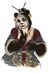  absurd_res anthro bear black_nose blue_eyes breasts claws cleavage clothed clothing ear_piercing female front_view hair hi_res jewelry looking_at_viewer mammal panda pandaren piercing robe simple_background smile solo video_games voluptuous warcraft white_background wide_hips zelulae_(artist) 