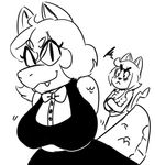  anaugi anthro big_breasts black_and_white breast_envy breasts cat clothing duo eyelashes feline female frown hair hi_res hybrid kobold mammal monochrome penny_(anaugi) smile uniform waiter 