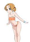  bangs bare_shoulders bikini black_bow blue_eyes bow braid breasts closed_mouth eyebrows_visible_through_hair girls_und_panzer hair_bow leaning_forward light_frown looking_at_viewer orange_bikini orange_hair orange_pekoe short_hair simple_background small_breasts solo standing strapless strapless_bikini swimsuit tied_hair twin_braids wata_do_chinkuru white_background wristband 
