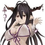  antenna_hair bandages black_hair breasts cleavage danua draph granblue_fantasy hair_between_eyes highres horn_ornament horns j@ck jewelry large_breasts long_hair necklace pointy_ears red_eyes solo 