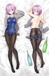  ass ass_visible_through_thighs back bandaid bandaids_on_nipples black-framed_eyewear black_legwear bottle breasts commentary_request competition_school_swimsuit crotch_seam dakimakura drunk fate/grand_order fate_(series) full_body glasses hair_over_one_eye highres kotatsu_(kotatsu358) large_breasts looking_at_viewer looking_back lying mash_kyrielight multiple_views on_back on_stomach one-piece_swimsuit pantyhose pantyhose_under_swimsuit pasties purple_eyes purple_hair school_swimsuit shiny shiny_clothes short_hair smile swimsuit swimsuit_pull thigh_gap thighband_pantyhose topless 