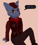  anthro bags_under_eyes canine clothed clothing cooliehigh dialogue drunk english_text fangs female hat jenna_(nitw) looking_at_viewer mammal night_in_the_woods scarf sitting solo talking_to_viewer text wolf 