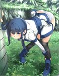  1girl asymmetrical_hair black_gloves black_legwear blue_boots blue_eyes blue_hair blush boots dress dress_lift fingerless_gloves gloves grass hai_to_gensou_no_grimgar leaning_forward long_hair long_sleeves merry_(grimgar) one_eye_closed outdoors panties pantyhose pantyhose_pull ponytail side_ponytail solo standing tied_hair underwear white_panties white_underwear 