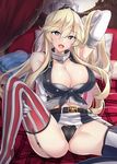  american_flag american_flag_legwear bed black_panties blonde_hair blush breasts cameltoe cleavage elbow_gloves fang flag_print garter_straps gloves headgear highres iowa_(kantai_collection) kantai_collection kazami_chiu large_breasts long_hair looking_at_viewer miniskirt open_mouth panties partially_visible_vulva pillow skirt solo spread_legs star star-shaped_pupils striped symbol-shaped_pupils underwear vertical_stripes 