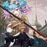  armor blue_hair bow fangs fire_emblem fire_emblem_if gauntlets gloves hairband highres long_hair multicolored_hair open_mouth pieri_(fire_emblem_if) pink_hair polearm red_eyes ruchita solo spear twintails two-tone_hair upper_body weapon 