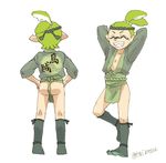  arms_behind_head closed_eyes fundoshi hachimaki headband inkling japanese_clothes male_focus multiple_views nejiri_hachimaki pointy_ears ponytail smile splatoon_(series) tentacle_hair turnaround yamakasa 