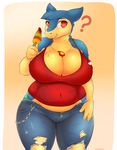  big_breasts blue_fur breasts clothing cracker_(artist) female fur nintendo pok&eacute;mon slightly_chubby smile solo thick_thighs typhlosion underwear video_games yellow_fur 