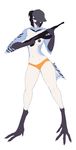  5_fingers anthro avian beak bird blue_jay bourbon._(artist) breasts clothing corvid gun hat holding_object holding_weapon navel nipples panties purple_eyes ranged_weapon simple_background solo standing underwear weapon white_background 