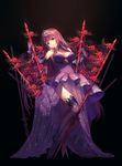  adapted_costume breasts dress elbow_gloves fate/grand_order fate_(series) flower gae_bolg gloves hair_intakes highres long_hair looking_at_viewer medium_breasts polearm purple_dress purple_hair red_eyes rosuuri scathach_(fate)_(all) scathach_(fate/grand_order) solo spear spider_lily thighhighs very_long_hair weapon 