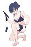  akagawa007 bad_id bad_pixiv_id bangs barefoot black_bra black_hair black_panties bra breasts bullet cartridge cleavage full_body glasses gun hair_ornament hairclip handgun highres holding holding_gun holding_weapon locked_slide magazine_(weapon) magazine_ejection medium_breasts one_knee original panties pistol ponytail red_eyes reloading simple_background thigh_strap trigger_discipline underwear weapon white_background 