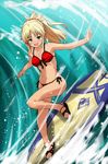  bikini blonde_hair fate/grand_order fate_(series) front-tie_top green_eyes highres kasuki_masato long_hair mordred_(fate)_(all) mordred_(swimsuit_rider)_(fate) ponytail red_bikini sandals side-tie_bikini solo surfboard swimsuit waves 