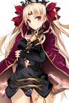  :o black_dress black_panties blonde_hair blush breasts cape commentary_request cowboy_shot dress earrings ereshkigal_(fate/grand_order) fate/grand_order fate_(series) hair_ribbon jewelry long_hair long_sleeves looking_at_viewer machimura_komori medium_breasts panties red_cape red_eyes red_ribbon ribbon short_dress skull solo spine tiara twintails underwear v-shaped_eyebrows very_long_hair 
