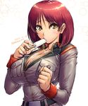  amania_orz belt blush breasts brown_eyes brown_hair collar eating food gundam gundam_lost_war_chronicles huge_breasts ice_cream looking_at_viewer military military_uniform noel_anderson parted_lips shiny shiny_skin short_hair simple_background solo sucking sweat teeth uniform white_background 