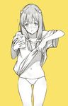  arm_up bangs blush bow cellphone collarbone commentary_request cowboy_shot eromanga_sensei flying_sweatdrops hair_bow half-closed_eyes holding holding_phone izumi_sagiri lifted_by_self long_hair monochrome navel nose_blush off-shoulder_shirt off_shoulder panties parted_lips phone saboten self_shot shirt shirt_lift short_sleeves sidelocks simple_background smartphone solo spot_color sweat tareme thighs underwear yellow_background 