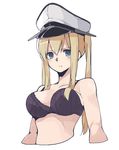  akagawa007 bad_id bad_pixiv_id black_bra blonde_hair blue_eyes bra breasts cropped_arms cropped_torso graf_zeppelin_(kantai_collection) hair_over_breasts hat highres kantai_collection looking_at_viewer medium_breasts peaked_cap simple_background solo twintails underwear upper_body white_background 