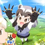  :d animal_ears black_bow black_gloves black_hair black_neckwear black_skirt blonde_hair blush bow bowtie brown_eyes cloud commentary_request common_raccoon_(kemono_friends) day eating fennec_(kemono_friends) fox_ears gloves grey_hair holding jitome kemono_friends meadow miniskirt mouth_hold multicolored_hair multiple_girls mushi_gyouza open_mouth outdoors pantyhose pleated_skirt product_placement raccoon_ears skirt sky smile snack standing sunlight v-shaped_eyebrows white_legwear 