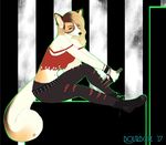  anthro blonde_hair bourbon._(artist) canine clothed clothing female fox hair mammal midriff navel sitting smile solo 