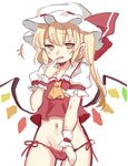  1girl ascot bangs blonde_hair blush bow brown_eyes commentary_request cowboy_shot eyebrows_visible_through_hair fang flandre_scarlet groin hand_up hat hat_bow long_hair looking_at_viewer mob_cap navel no_pants open_mouth panties paragasu_(parags112) red_bow red_panties shirt short_sleeves side-tie_panties side_ponytail simple_background smile solo stomach touhou underwear white_background white_hat wrist_cuffs 