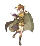  armor bangs bare_shoulders belt book boots bow bracelet breastplate brown_eyes brown_hair cape dress dyute_(fire_emblem) eyebrows_visible_through_hair fang fire_emblem fire_emblem_echoes:_mou_hitori_no_eiyuuou fire_emblem_heroes full_body highres holding holding_book jewelry knee_boots leg_up long_hair looking_away miwabe_sakura official_art open_mouth sleeveless solo transparent_background 